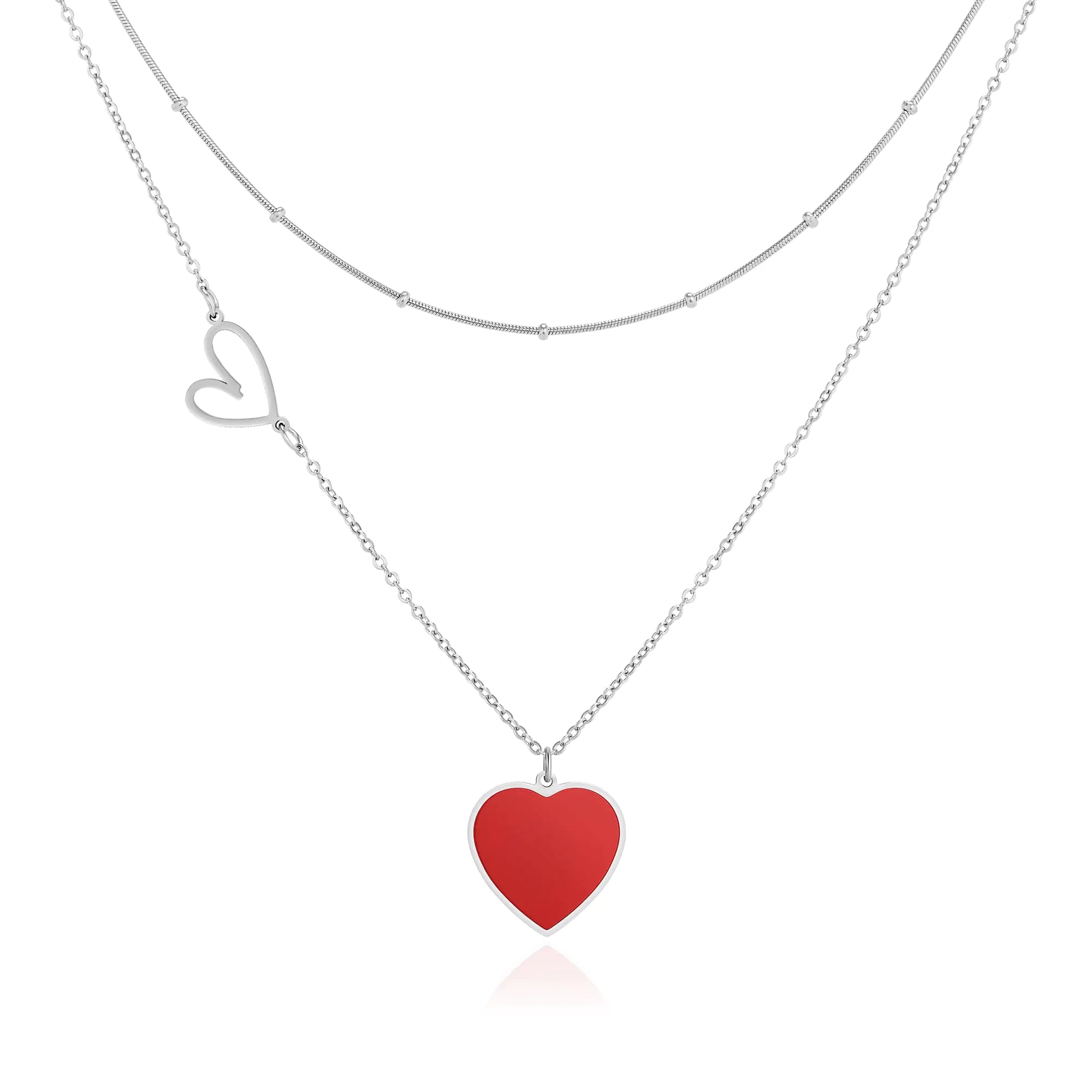 Linawe Silver Red Heart Pendant Necklace Layered Chain Choker Necklaces for Women Trendy Stainless Steel Stacked Necklaces Y2K Preppy Double Heart Jewelry Lover Necklace
