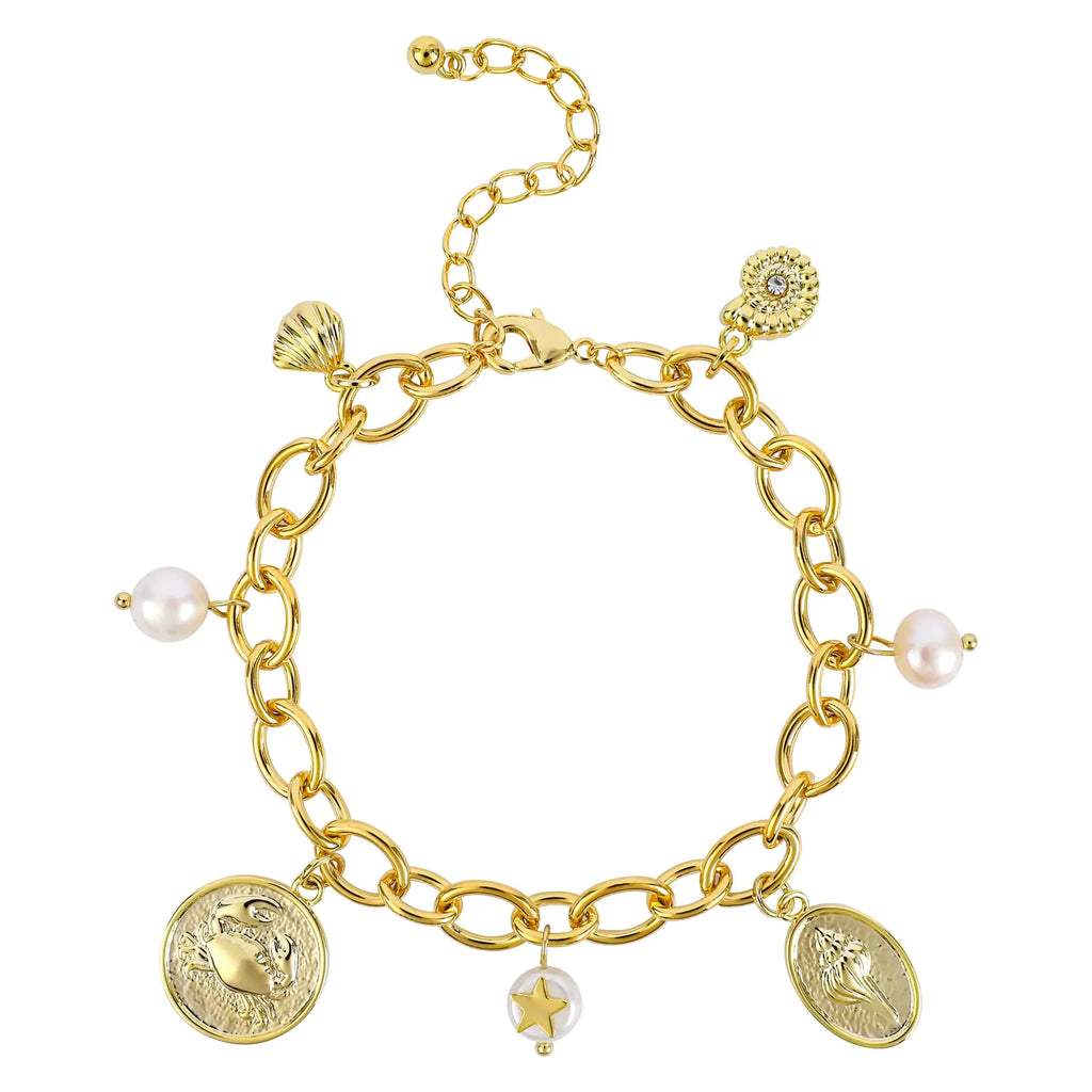 NEKOL Gold Ocean Charm Link Bracelet for Women 14K Gold Plated Chain Bracelet with Dangle Pearl Seashell Conch Crab Pendant Bracelet Adjustable Party Trendy Summer Beach Jewelry Gift for Women