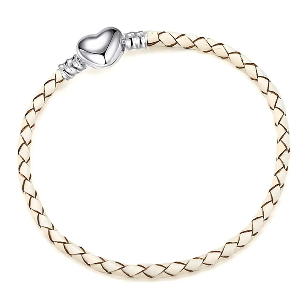 OutstandLong 3mm White Leather Bracelet Heart Barrel Snap Clasp Handmade Braided Wristband for Pandora European Charm Bead DIY Jewelry 16CM