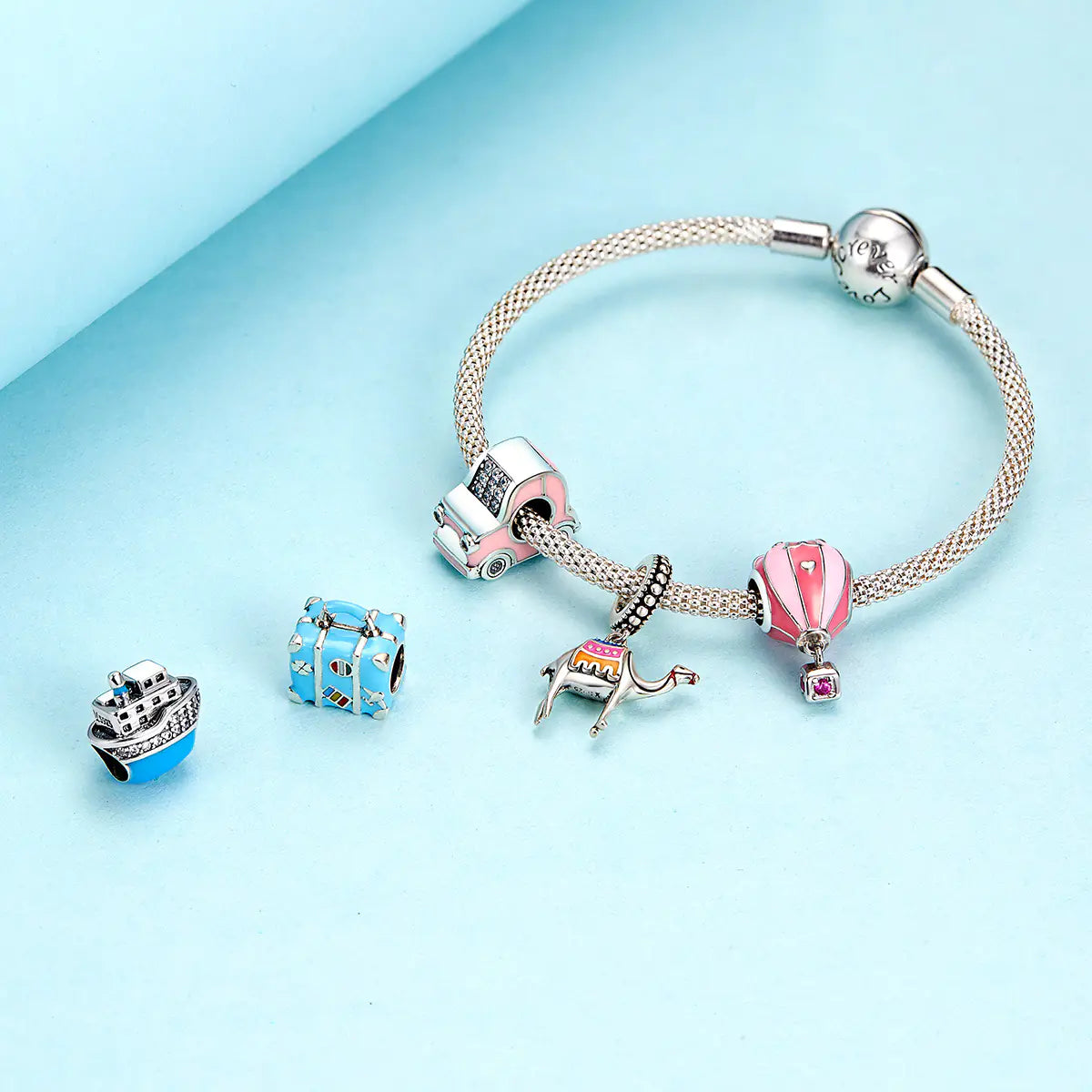 DIY 925 Silver Beads Blue Suitcase Charm Bracelet