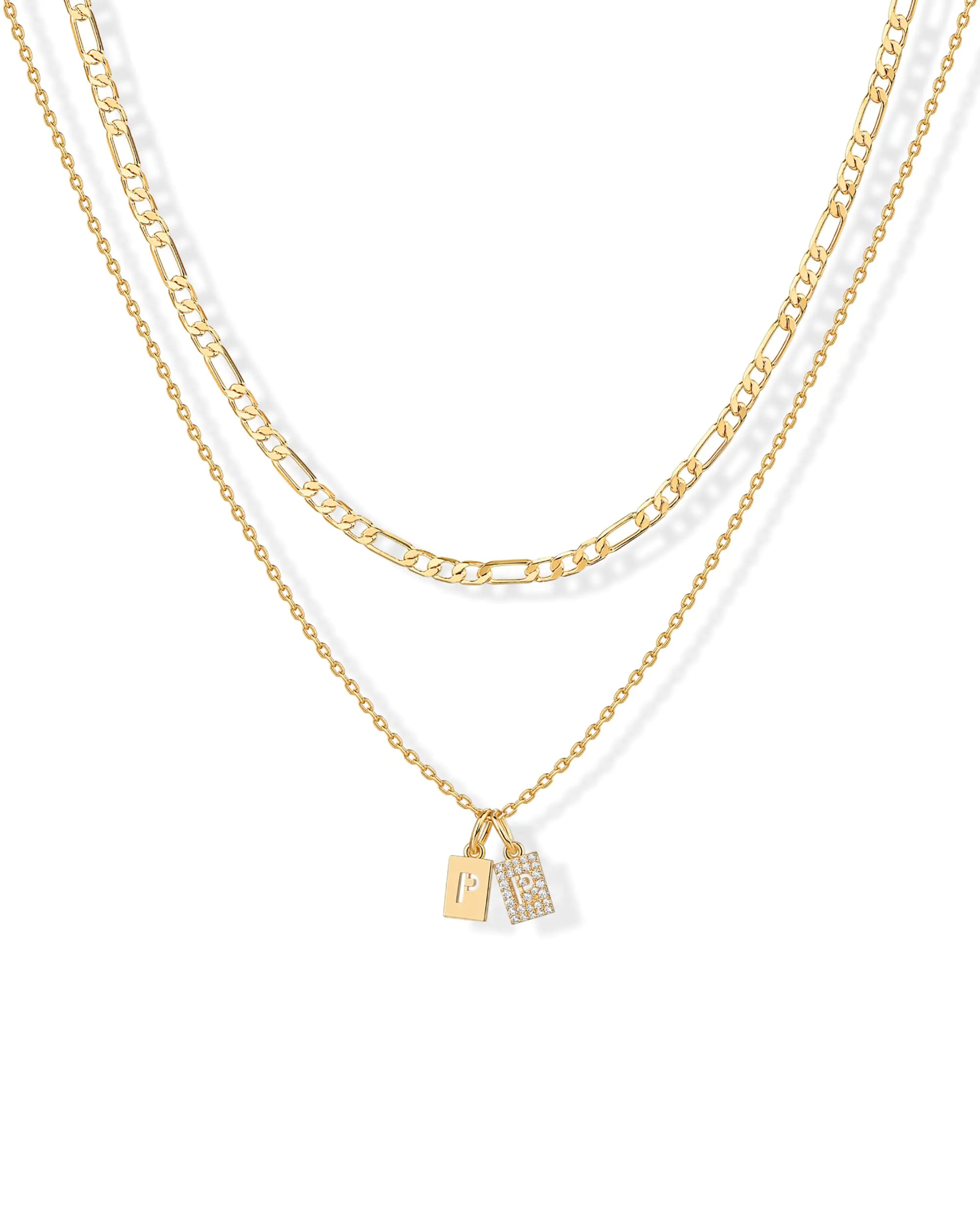 PAVOI 14K Yellow Gold Plated Initial Letter Double Dog Tag Pendant Necklace | Dainty Cubic Zirconia Letter Tag Round Box Chain Necklaces for Women | P Initial