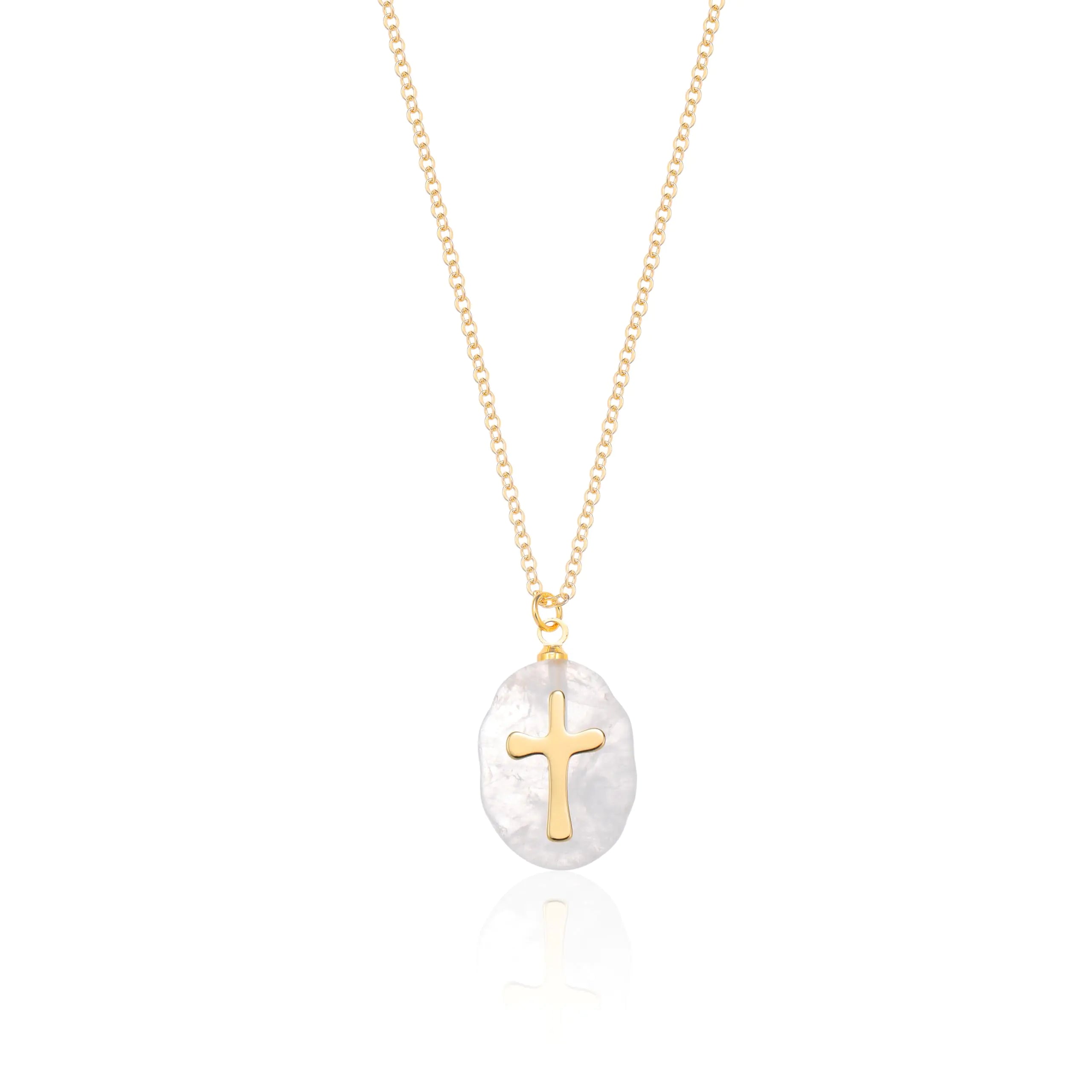 Fremttly Cross Necklace for Women 14K Gold Plated Crystal Pendant Necklace Handmade Gem Necklaces Dainty Gold Necklaces for Women Trendy CS-ClearQuartz