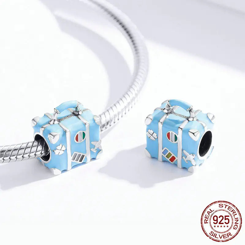 DIY 925 Silver Beads Blue Suitcase Charm Bracelet