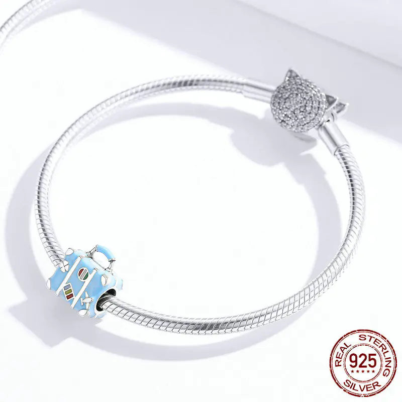 DIY 925 Silver Beads Blue Suitcase Charm Bracelet