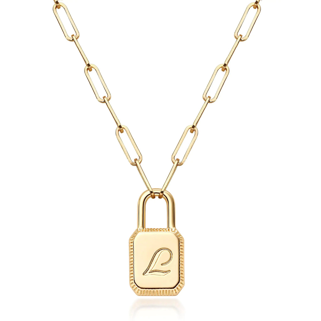 JUDAILY Initial Lock Necklace For Women 28K Gold Plated Dainty Paperclip Padlock Pendant Necklaces Personalized Letter A-Z JewelryL