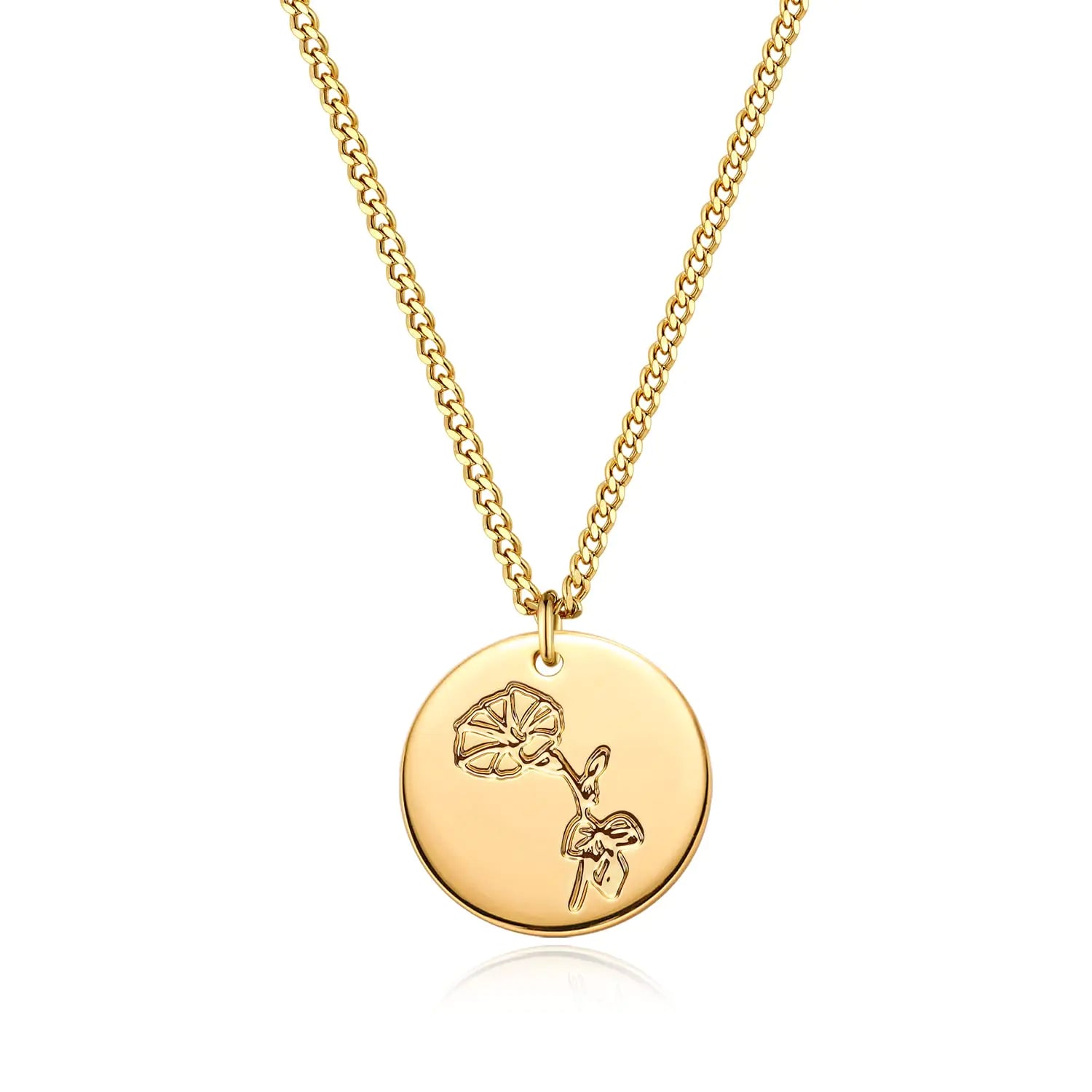LADYGD Birth Flower Necklace 18K Gold Plated Necklaces for Women Disc Cuban Birthday Gold Jewelry Gifts for Women 12 Month 19.5" Morning Glory