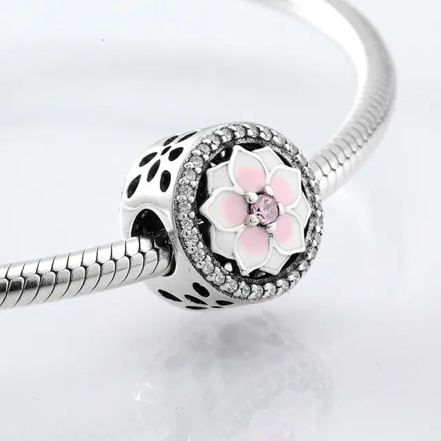 S925 Silver DIY Bracelet with Epoxy Beads & Magnolia Pendant