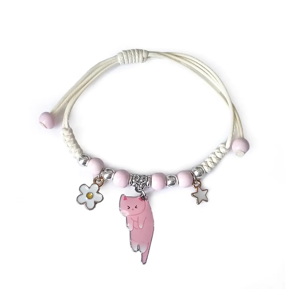 Azusa Sun Pink Cat White Flower Charm Bracelet Beads Adjustable Braided Bracelet Friendship Birthday Party Kawaii Jewelry Gifts